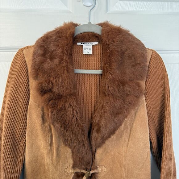 Nygard Brown Suede Leather Sweater Jacket Rabbit Fur Collar Women’s Size S (6-8) - Picture 2 of 8